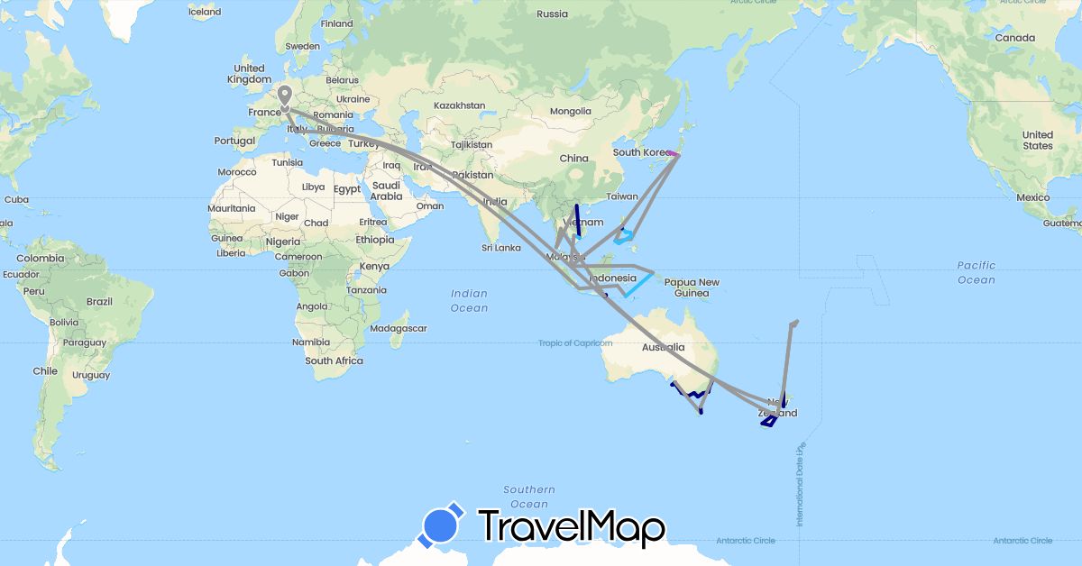 TravelMap itinerary: driving, plane, train, boat in Australia, Switzerland, Fiji, Indonesia, Italy, Japan, Cambodia, New Zealand, Philippines, Singapore, Thailand, Turkey, Vietnam (Asia, Europe, Oceania)